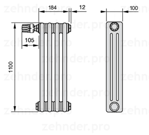 Схема (чертеж) Радиатор Zehnder Charleston 3110/4 №V012 Белый глянцевый RAL 9016